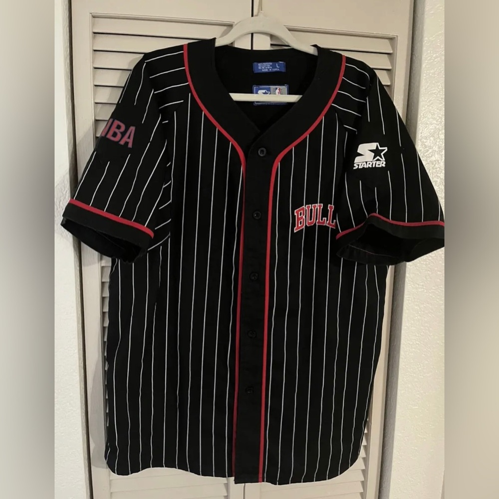 Vintage NBA Chicago Bulls Black Pinstriped Starter Basketball Jersey Mens L
